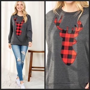 🆕Just In-French terry charcoal w/plaid Reindeer long sleeve top